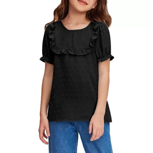 Arshiner Girls Chiffon Blouses Short Puff Sleeve Swiss Dot Ruffle Shirts Summer Casual Crewneck Pom Pom Tops Tunic