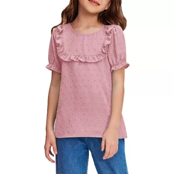 Arshiner Girls Chiffon Blouses Short Puff Sleeve Swiss Dot Ruffle Shirts Summer Casual Crewneck Pom Pom Tops Tunic