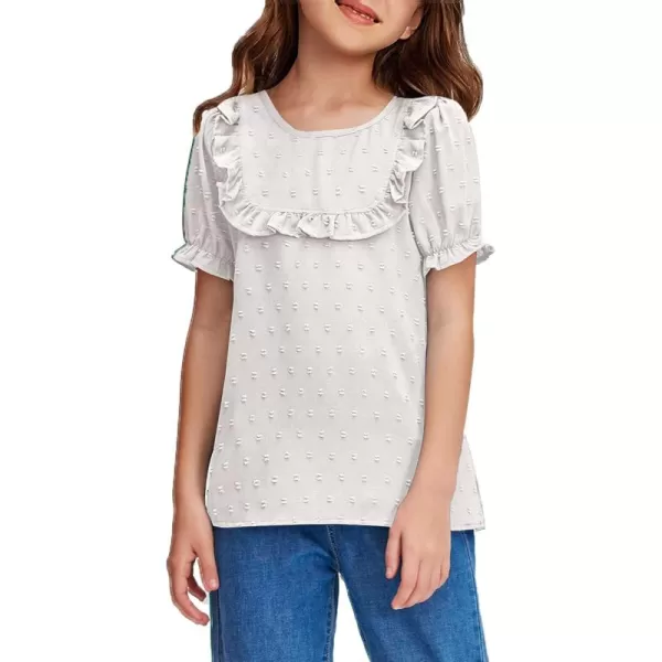 Arshiner Girls Chiffon Blouses Short Puff Sleeve Swiss Dot Ruffle Shirts Summer Casual Crewneck Pom Pom Tops Tunic