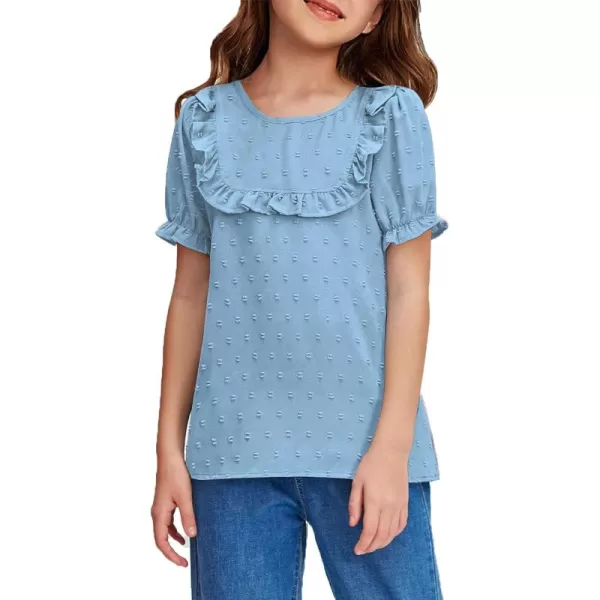 Arshiner Girls Chiffon Blouses Short Puff Sleeve Swiss Dot Ruffle Shirts Summer Casual Crewneck Pom Pom Tops Tunic