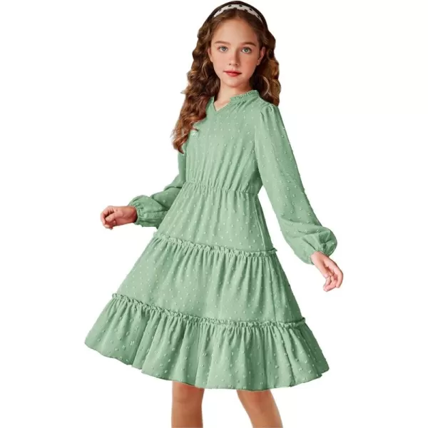 Arshiner Girls Dresses Long Sleeve Swiss Dot V Neck Ruffle Tiered Casual Party Dress