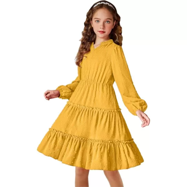 Arshiner Girls Dresses Long Sleeve Swiss Dot V Neck Ruffle Tiered Casual Party Dress