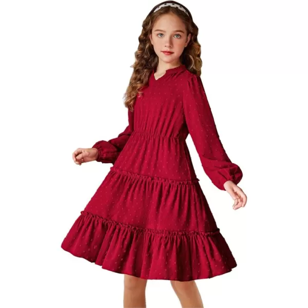 Arshiner Girls Dresses Long Sleeve Swiss Dot V Neck Ruffle Tiered Casual Party Dress