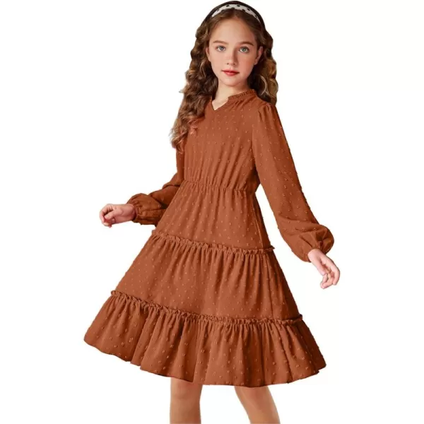 Arshiner Girls Dresses Long Sleeve Swiss Dot V Neck Ruffle Tiered Casual Party Dress