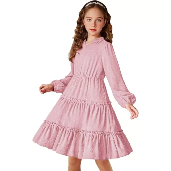 Arshiner Girls Dresses Long Sleeve Swiss Dot V Neck Ruffle Tiered Casual Party Dress