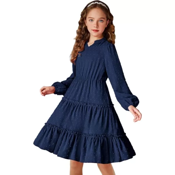 Arshiner Girls Dresses Long Sleeve Swiss Dot V Neck Ruffle Tiered Casual Party Dress