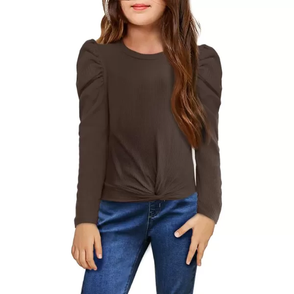 Arshiner Girls Puff Long Sleeve Shirts Twist Front Ribbed Knit T Shirt Crop Tops Tee Blouse
