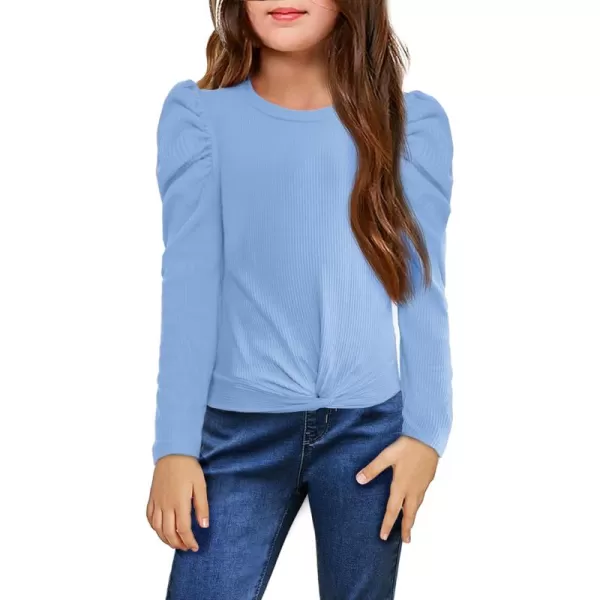 Arshiner Girls Puff Long Sleeve Shirts Twist Front Ribbed Knit T Shirt Crop Tops Tee Blouse