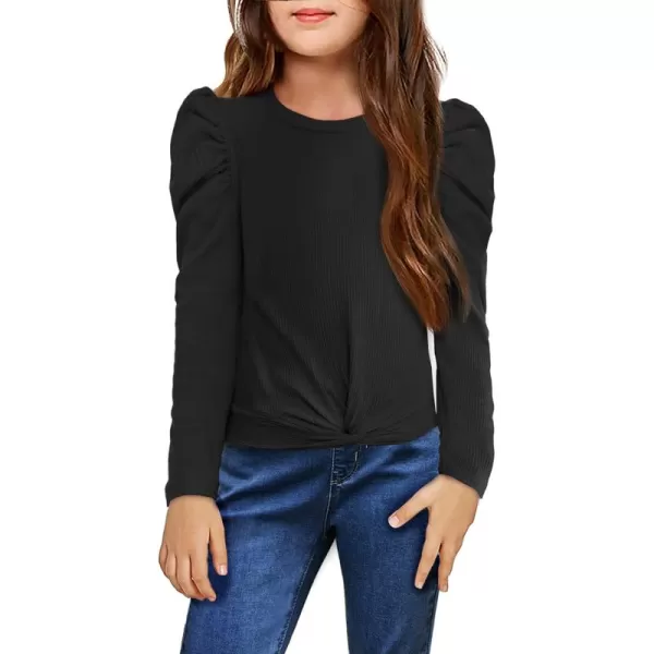 Arshiner Girls Puff Long Sleeve Shirts Twist Front Ribbed Knit T Shirt Crop Tops Tee Blouse