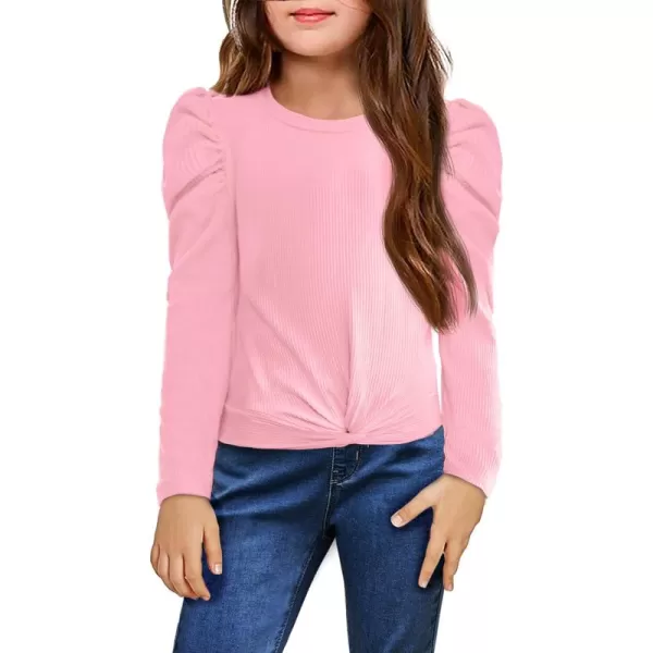 Arshiner Girls Puff Long Sleeve Shirts Twist Front Ribbed Knit T Shirt Crop Tops Tee Blouse