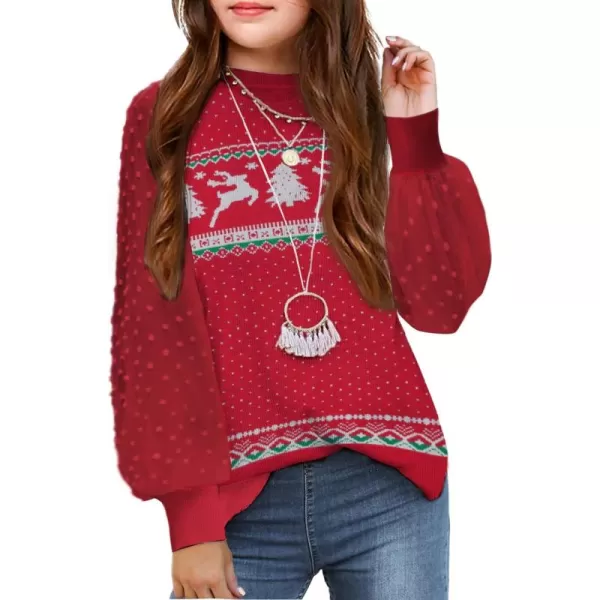 Arshiner Girls Puff Long Sleeve Sweaters Crewneck Lace Polka Dot Casual Knit Tops Pullover Jumper Outwear for Kids