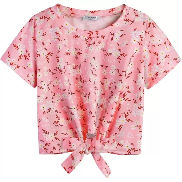 Arshiner Girls Short Sleeve Shirts Tie Knot Front Tops T Shirts for Kids Crewneck Cute Casual Tie Dye Tee Blouse