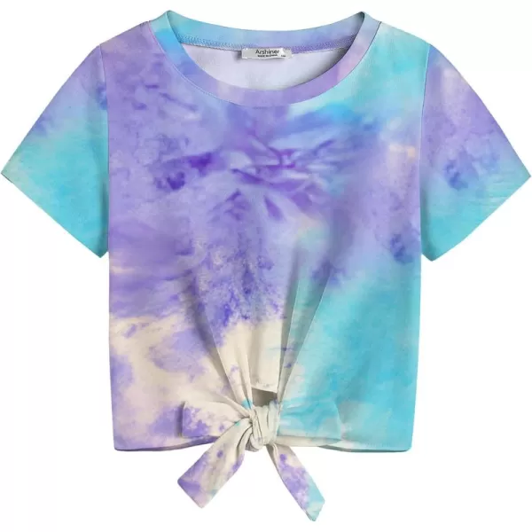 Arshiner Girls Short Sleeve Shirts Tie Knot Front Tops T Shirts for Kids Crewneck Cute Casual Tie Dye Tee Blouse