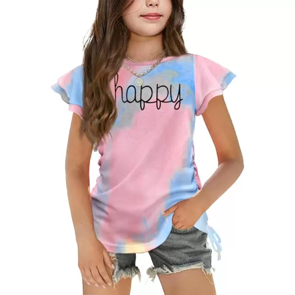 Arshiner Girls T Shirts Ruffle Short Sleeve Ruched Knot Side Tunic Blouse Summer Tee Tops