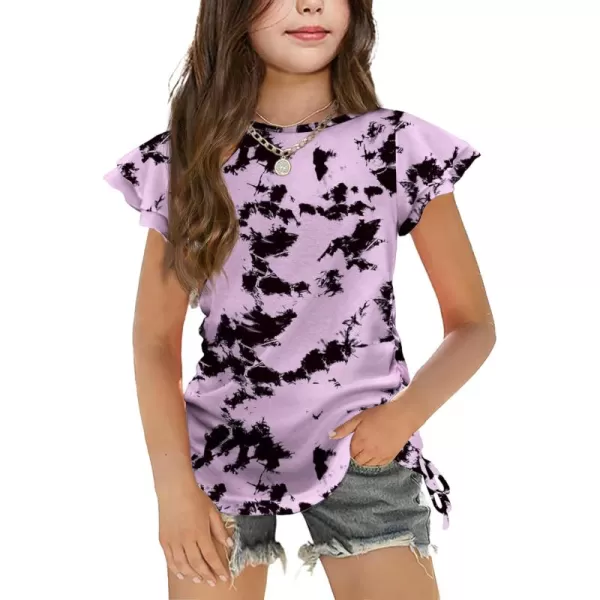 Arshiner Girls T Shirts Ruffle Short Sleeve Ruched Knot Side Tunic Blouse Summer Tee Tops