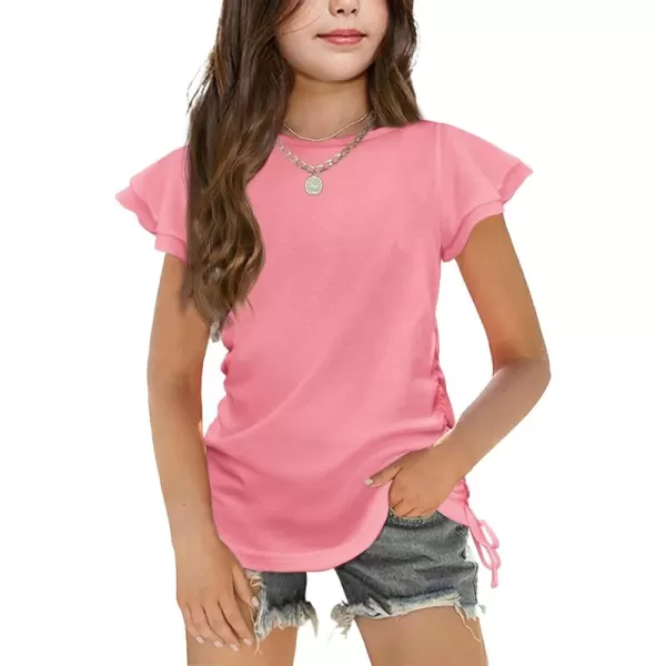 Arshiner Girls T Shirts Ruffle Short Sleeve Ruched Knot Side Tunic Blouse Summer Tee Tops
