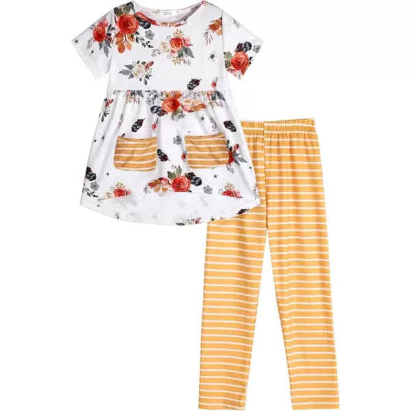 Arshiner Toddler Girls Outfits Floral Hi-Lo Tops+pants Sets Short SLeeve 2pcs Pants Sets with Pockets