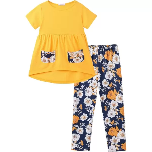 Arshiner Toddler Girls Outfits Floral Hi-Lo Tops+pants Sets Short SLeeve 2pcs Pants Sets with Pockets