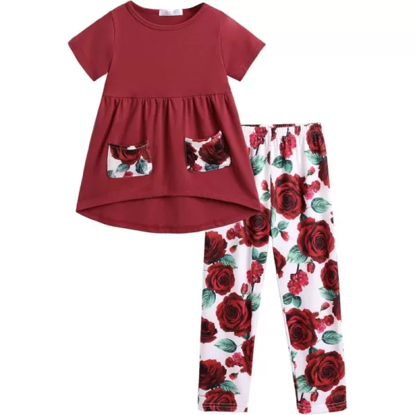 Arshiner Toddler Girls Outfits Floral Hi-Lo Tops+pants Sets Short SLeeve 2pcs Pants Sets with Pockets