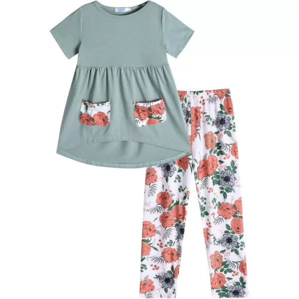 Arshiner Toddler Girls Outfits Floral Hi-Lo Tops+pants Sets Short SLeeve 2pcs Pants Sets with Pockets