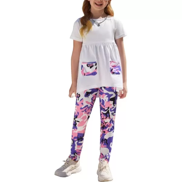 Arshiner Toddler Girls Outfits Floral Hi-Lo Tops+pants Sets Short SLeeve 2pcs Pants Sets with Pockets