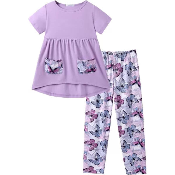 Arshiner Toddler Girls Outfits Floral Hi-Lo Tops+pants Sets Short SLeeve 2pcs Pants Sets with Pockets