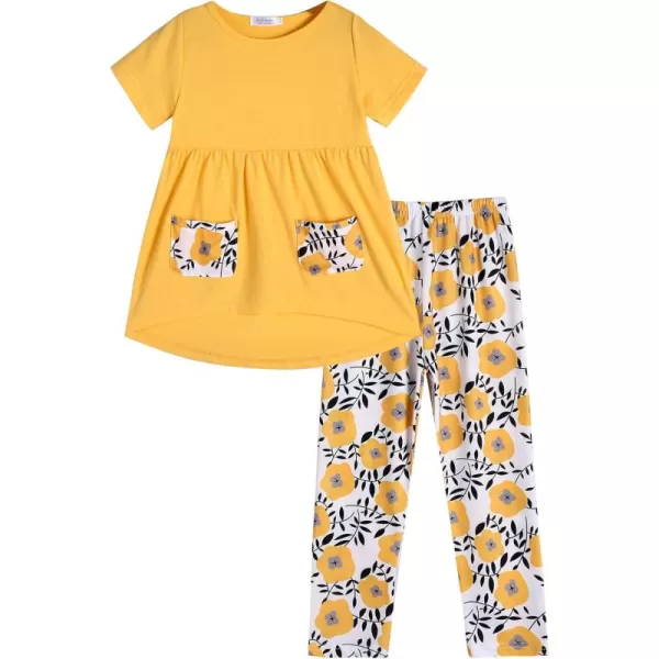 Arshiner Toddler Girls Outfits Floral Hi-Lo Tops+pants Sets Short SLeeve 2pcs Pants Sets with Pockets