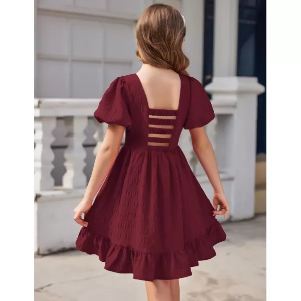 Arshiner Girls Backless Dress Short Sleeve Square Neck Ruffle Hem Elegant Dresses