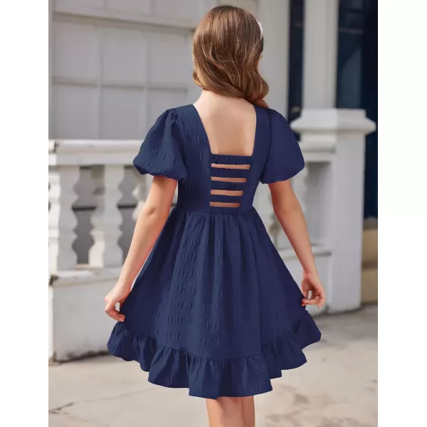 Arshiner Girls Backless Dress Short Sleeve Square Neck Ruffle Hem Elegant Dresses
