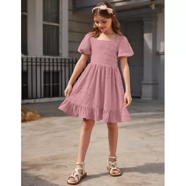 Arshiner Girls Backless Dress Short Sleeve Square Neck Ruffle Hem Elegant Dresses