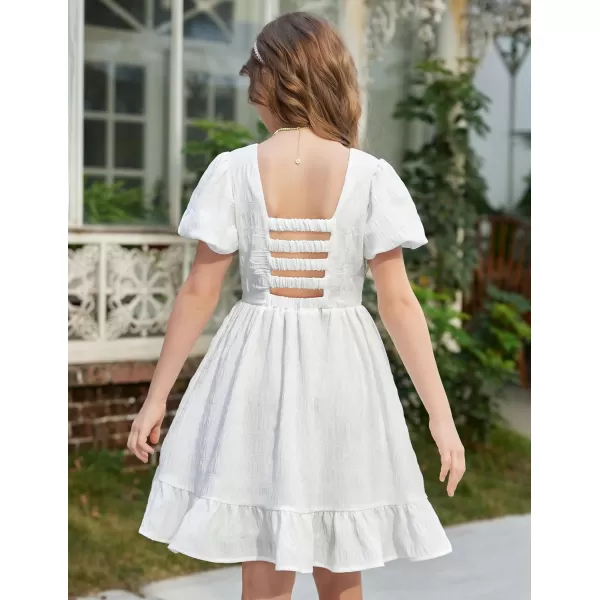 Arshiner Girls Backless Dress Short Sleeve Square Neck Ruffle Hem Elegant Dresses