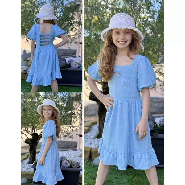 Arshiner Girls Backless Dress Short Sleeve Square Neck Ruffle Hem Elegant Dresses