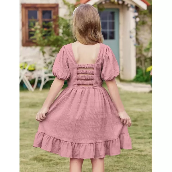 Arshiner Girls Backless Dress Short Sleeve Square Neck Ruffle Hem Elegant Dresses