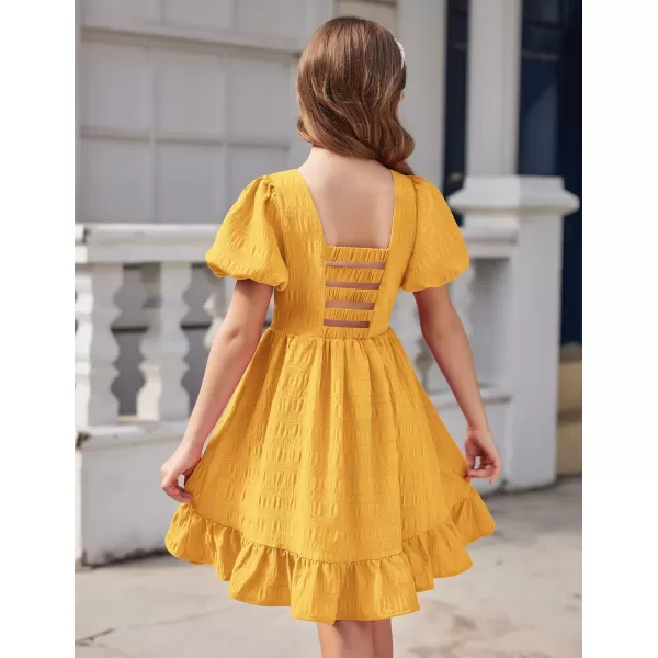 Arshiner Girls Backless Dress Short Sleeve Square Neck Ruffle Hem Elegant Dresses