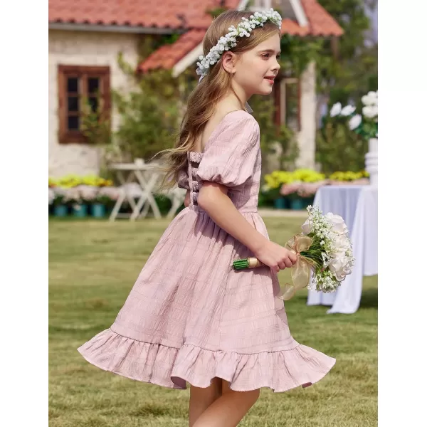 Arshiner Girls Backless Dress Short Sleeve Square Neck Ruffle Hem Elegant Dresses