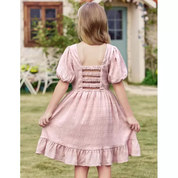Arshiner Girls Backless Dress Short Sleeve Square Neck Ruffle Hem Elegant Dresses