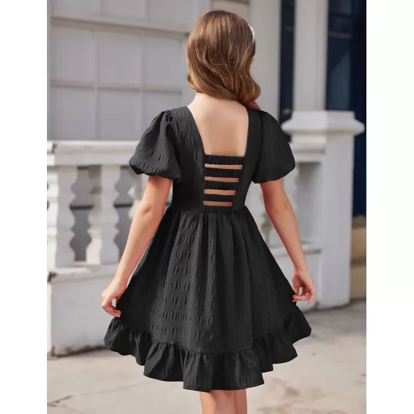 Arshiner Girls Backless Dress Short Sleeve Square Neck Ruffle Hem Elegant Dresses