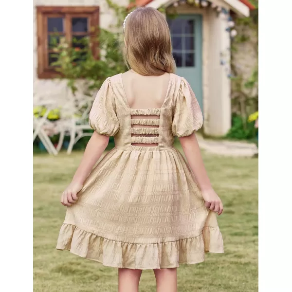 Arshiner Girls Backless Dress Short Sleeve Square Neck Ruffle Hem Elegant Dresses