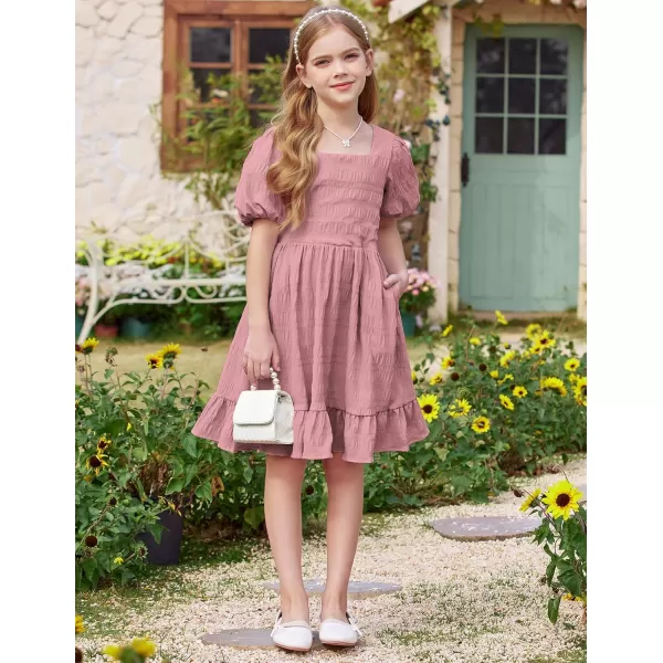 Arshiner Girls Backless Dress Short Sleeve Square Neck Ruffle Hem Elegant Dresses