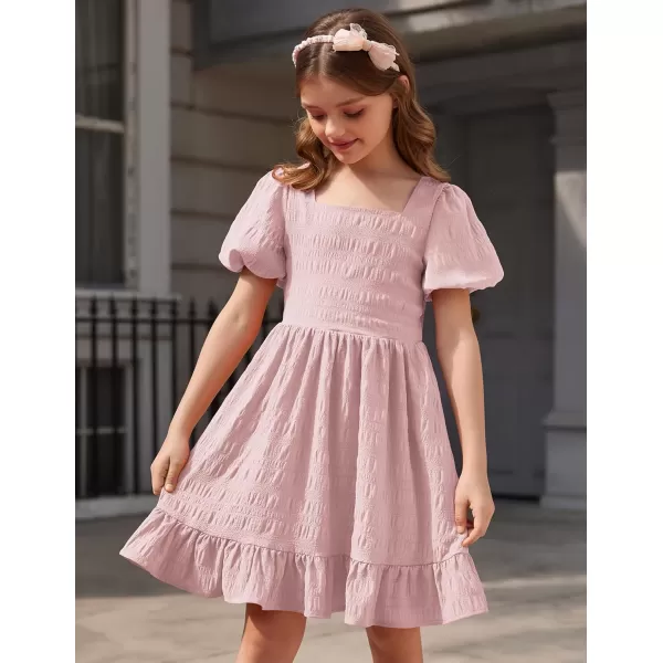 Arshiner Girls Backless Dress Short Sleeve Square Neck Ruffle Hem Elegant Dresses