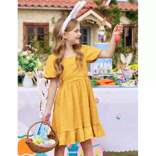 Arshiner Girls Backless Dress Short Sleeve Square Neck Ruffle Hem Elegant Dresses