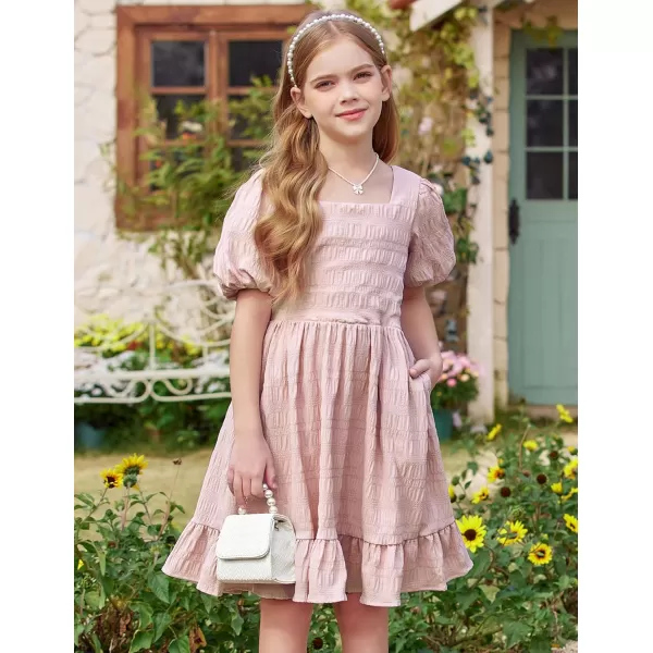 Arshiner Girls Backless Dress Short Sleeve Square Neck Ruffle Hem Elegant Dresses