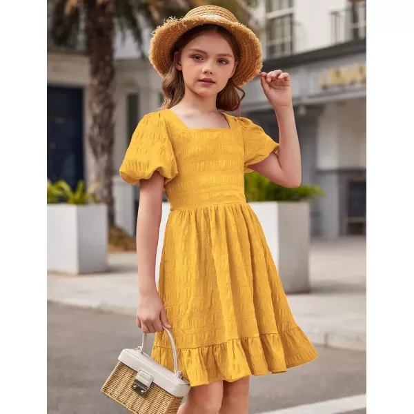Arshiner Girls Backless Dress Short Sleeve Square Neck Ruffle Hem Elegant Dresses