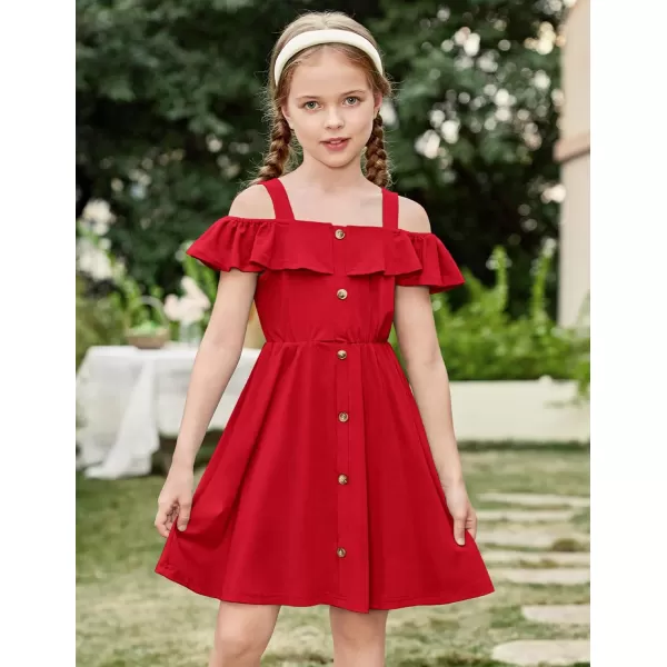 Arshiner Girls Dresses Summer Spaghetti Strap Cold Shoulder Ruffle Button Down A Line Dresses