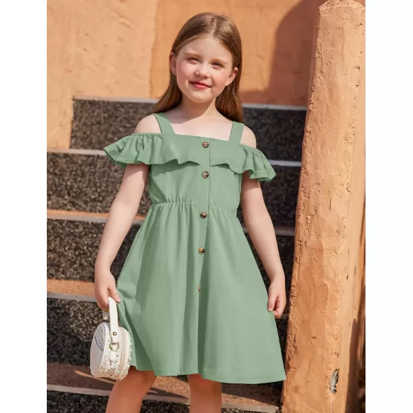 Arshiner Girls Dresses Summer Spaghetti Strap Cold Shoulder Ruffle Button Down A Line Dresses