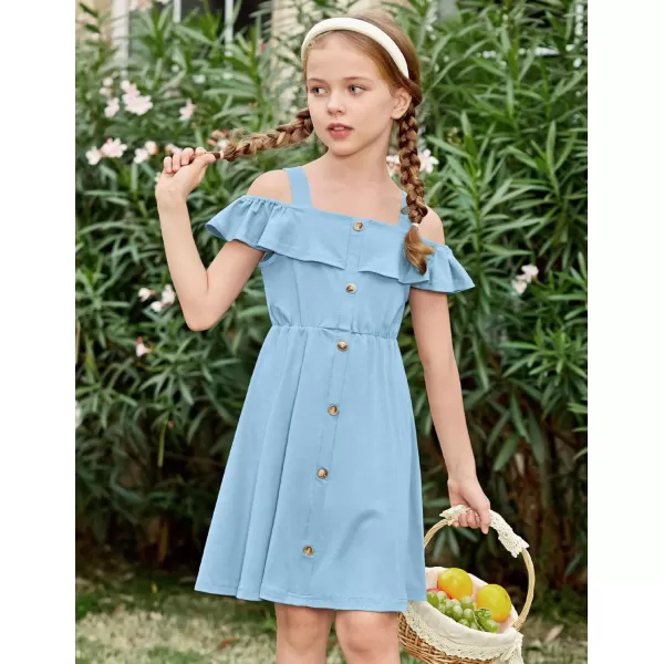 Arshiner Girls Dresses Summer Spaghetti Strap Cold Shoulder Ruffle Button Down A Line Dresses