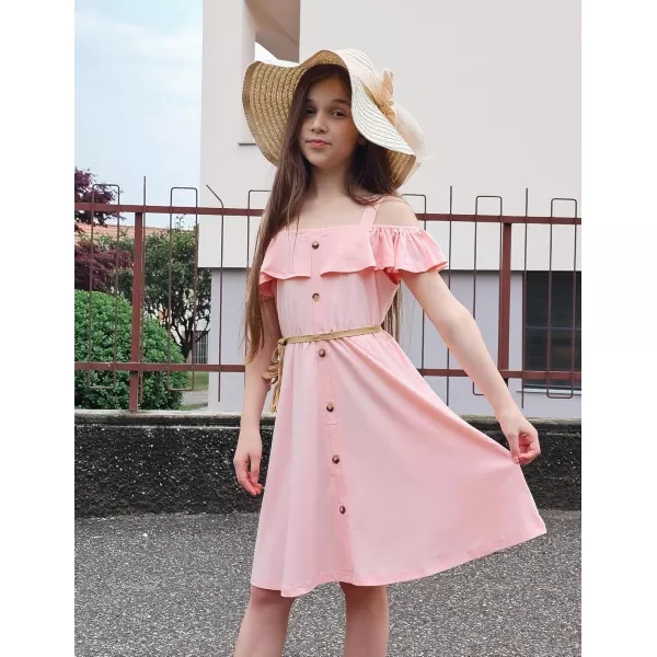 Arshiner Girls Dresses Summer Spaghetti Strap Cold Shoulder Ruffle Button Down A Line Dresses