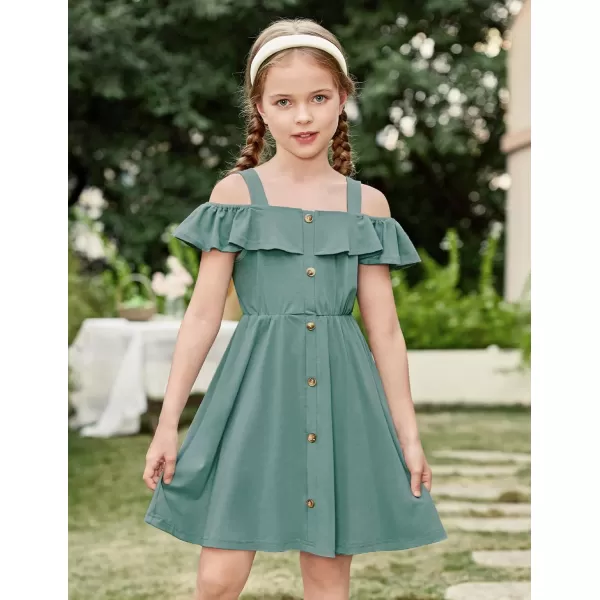 Arshiner Girls Dresses Summer Spaghetti Strap Cold Shoulder Ruffle Button Down A Line Dresses