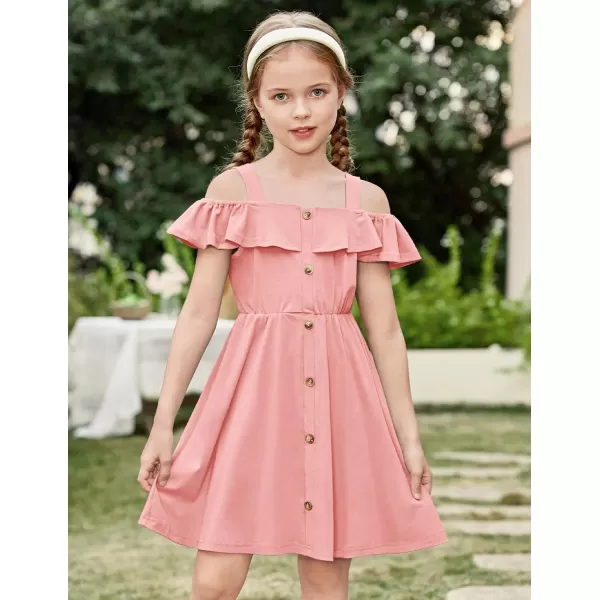 Arshiner Girls Dresses Summer Spaghetti Strap Cold Shoulder Ruffle Button Down A Line Dresses