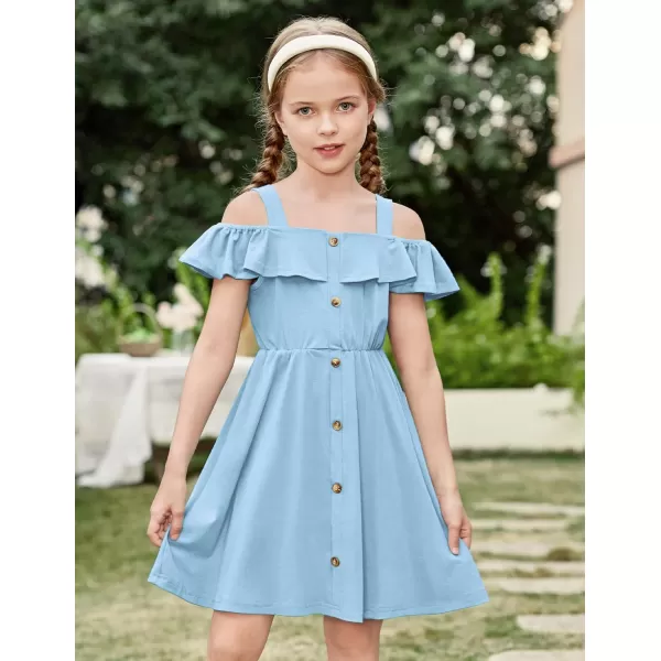 Arshiner Girls Dresses Summer Spaghetti Strap Cold Shoulder Ruffle Button Down A Line Dresses